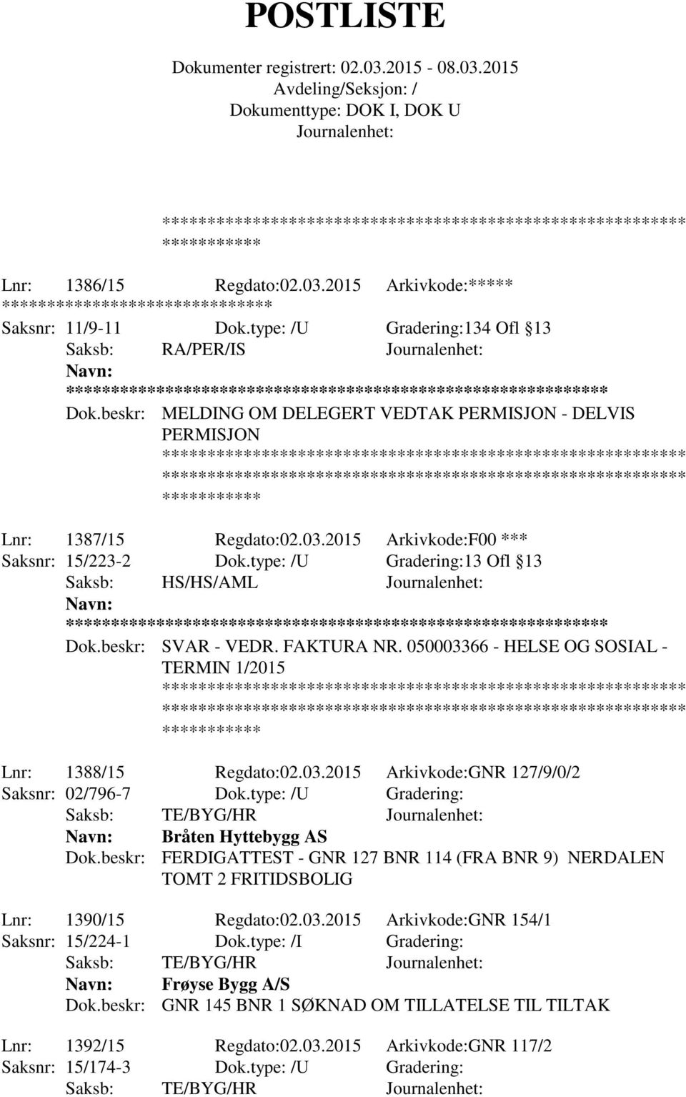 beskr: SVAR - VEDR. FAKTURA NR. 050003366 - HELSE OG SOSIAL - TERMIN 1/2015 Lnr: 1388/15 Regdato:02.03.2015 Arkivkode:GNR 127/9/0/2 Saksnr: 02/796-7 Dok.type: /U Gradering: Bråten Hyttebygg AS Dok.