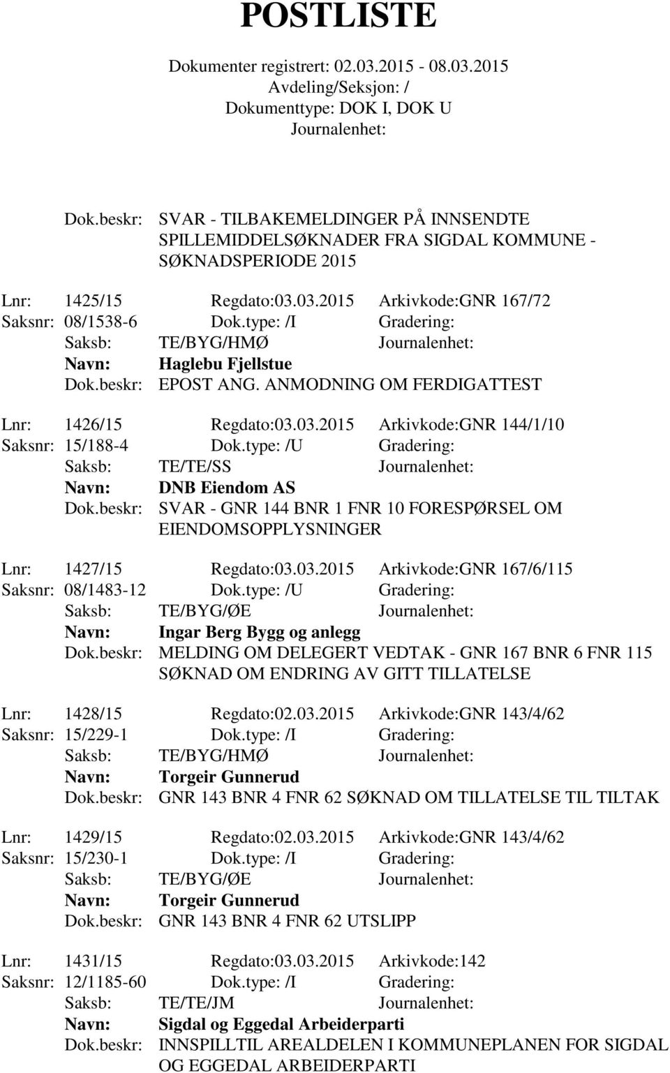 type: /U Gradering: Saksb: TE/TE/SS DNB Eiendom AS Dok.beskr: SVAR - GNR 144 BNR 1 FNR 10 FORESPØRSEL OM EIENDOMSOPPLYSNINGER Lnr: 1427/15 Regdato:03.