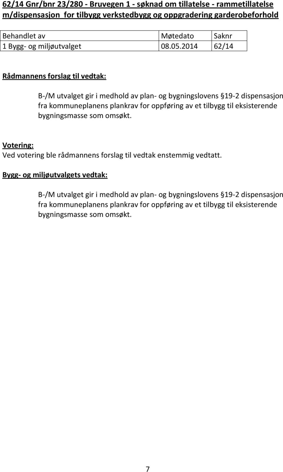 2014 62/14 B-/M utvalget gir i medhold av plan- og bygningslovens 19-2 dispensasjon fra kommuneplanens plankrav for oppføring av et tilbygg til