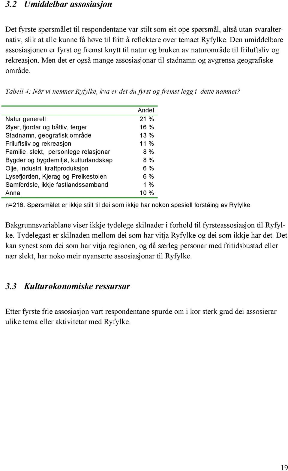 Men det er også mange assosiasjonar til stadnamn og avgrensa geografiske område. Tabell 4: Når vi nemner Ryfylke, kva er det du fyrst og fremst legg i dette namnet?