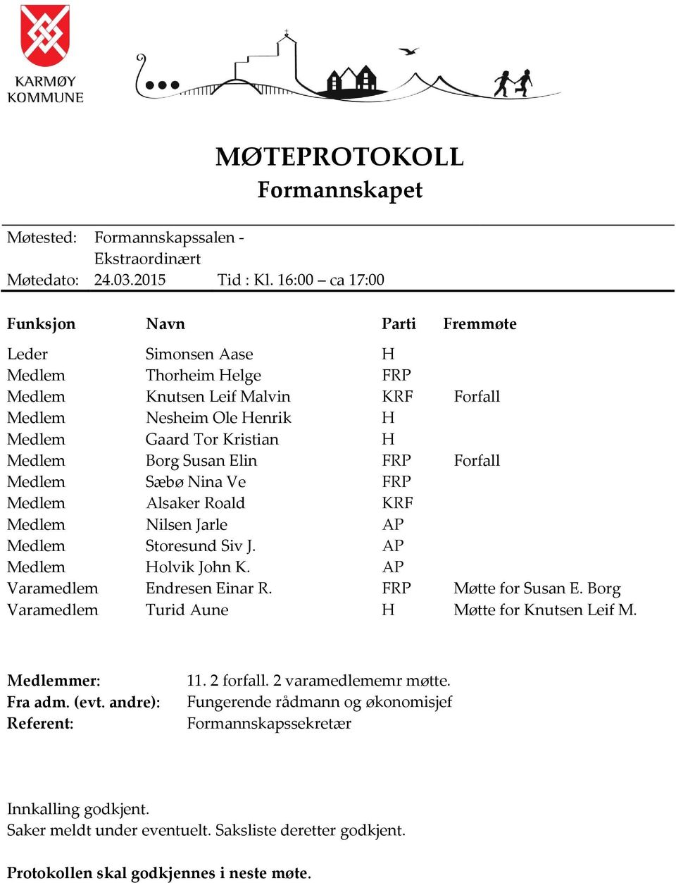 Susan Elin FRP Forfall Medlem Sæbø Nina Ve FRP Medlem Alsaker Roald KRF Medlem Nilsen Jarle AP Medlem Storesund Siv J. AP Medlem Holvik John K. AP Varamedlem Endresen Einar R. FRP Møtte for Susan E.