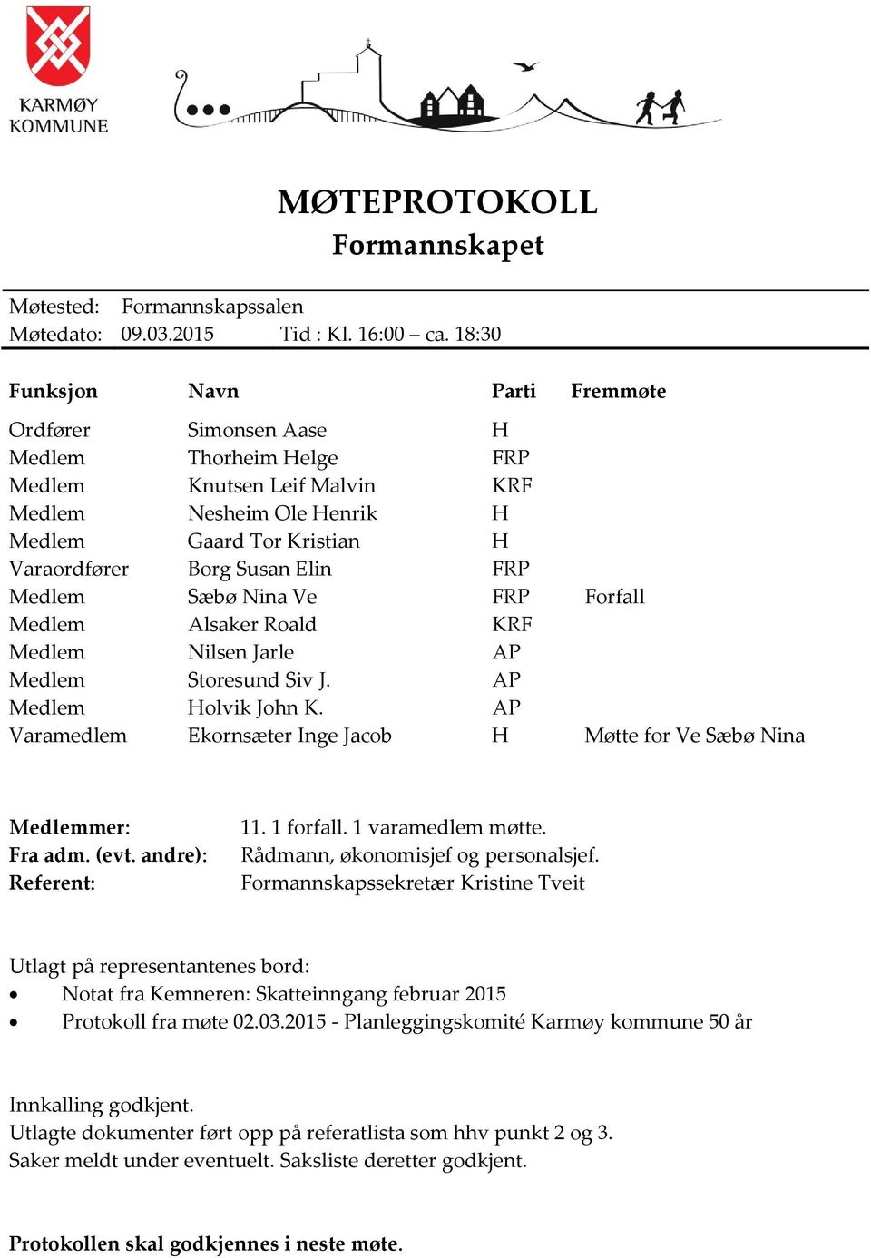 Elin FRP Medlem Sæbø Nina Ve FRP Forfall Medlem Alsaker Roald KRF Medlem Nilsen Jarle AP Medlem Storesund Siv J. AP Medlem Holvik John K.