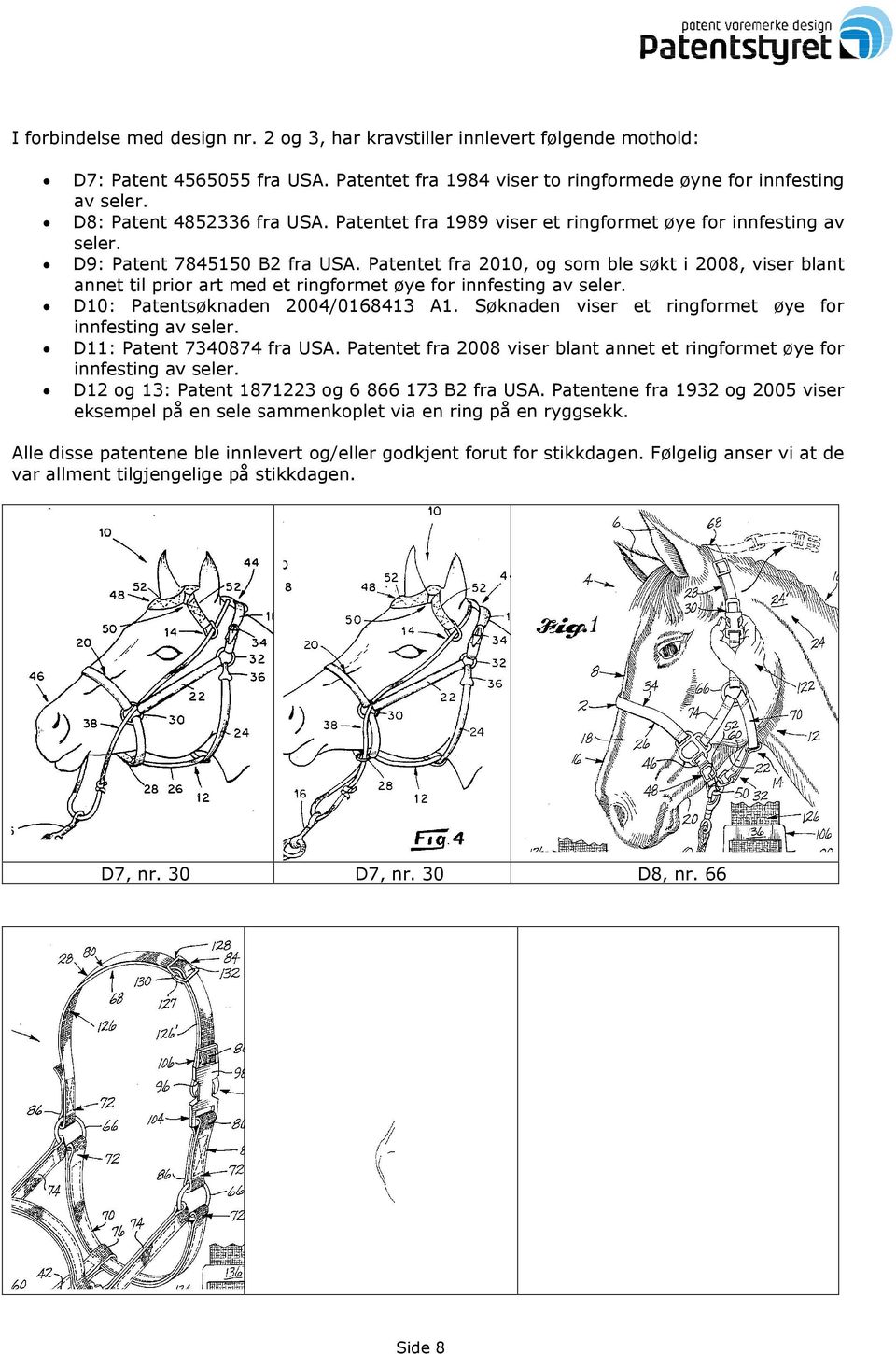 Patentet fra 2010, og som ble søkt i 2008, viser blant annet til prior art med et ringformet øye for innfesting av seler. D10: Patentsøknaden 2004/0168413 A1.