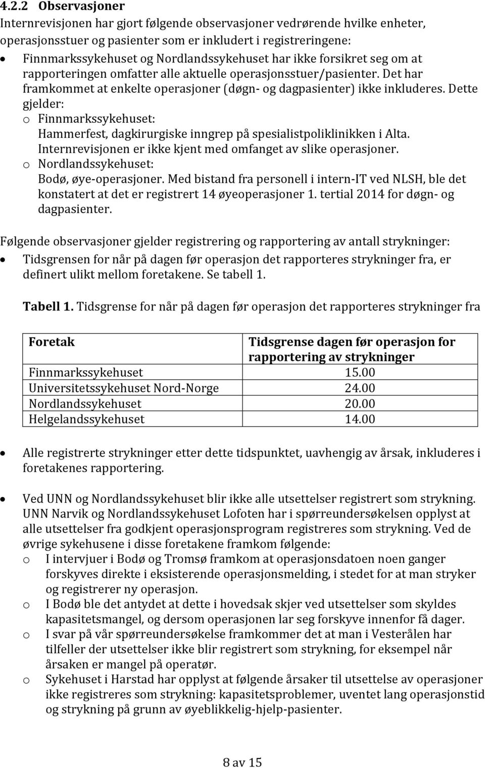 Dette gjelder: o Finnmarkssykehuset: Hammerfest, dagkirurgiske inngrep på spesialistpoliklinikken i Alta. Internrevisjonen er ikke kjent med omfanget av slike operasjoner.