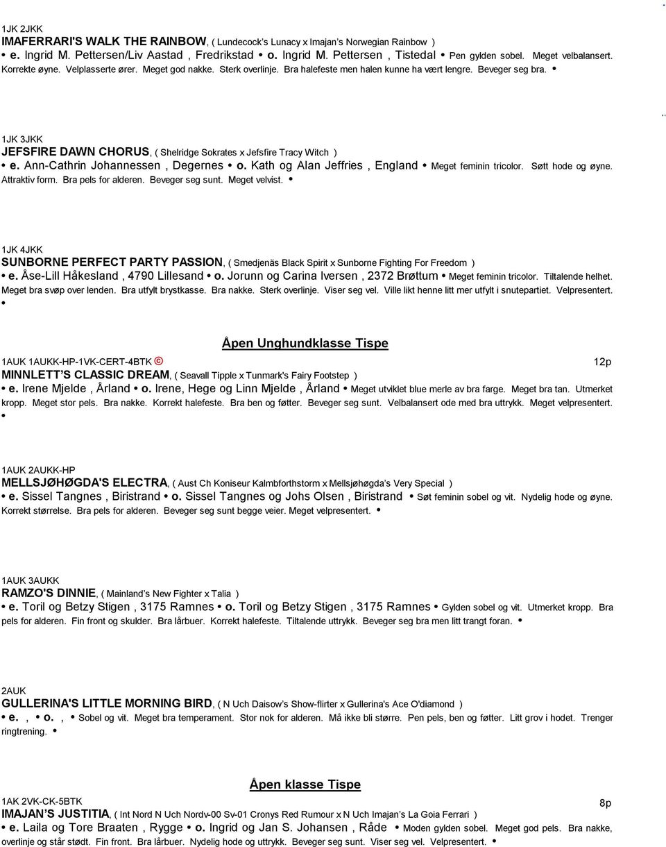 1JK 3JKK JEFSFIRE DAWN CHORUS, ( Shelridge Sokrates x Jefsfire Tracy Witch ) e. Ann-Cathrin Johannessen, Degernes o. Kath og Alan Jeffries, England Meget feminin tricolor. Søtt hode og øyne.