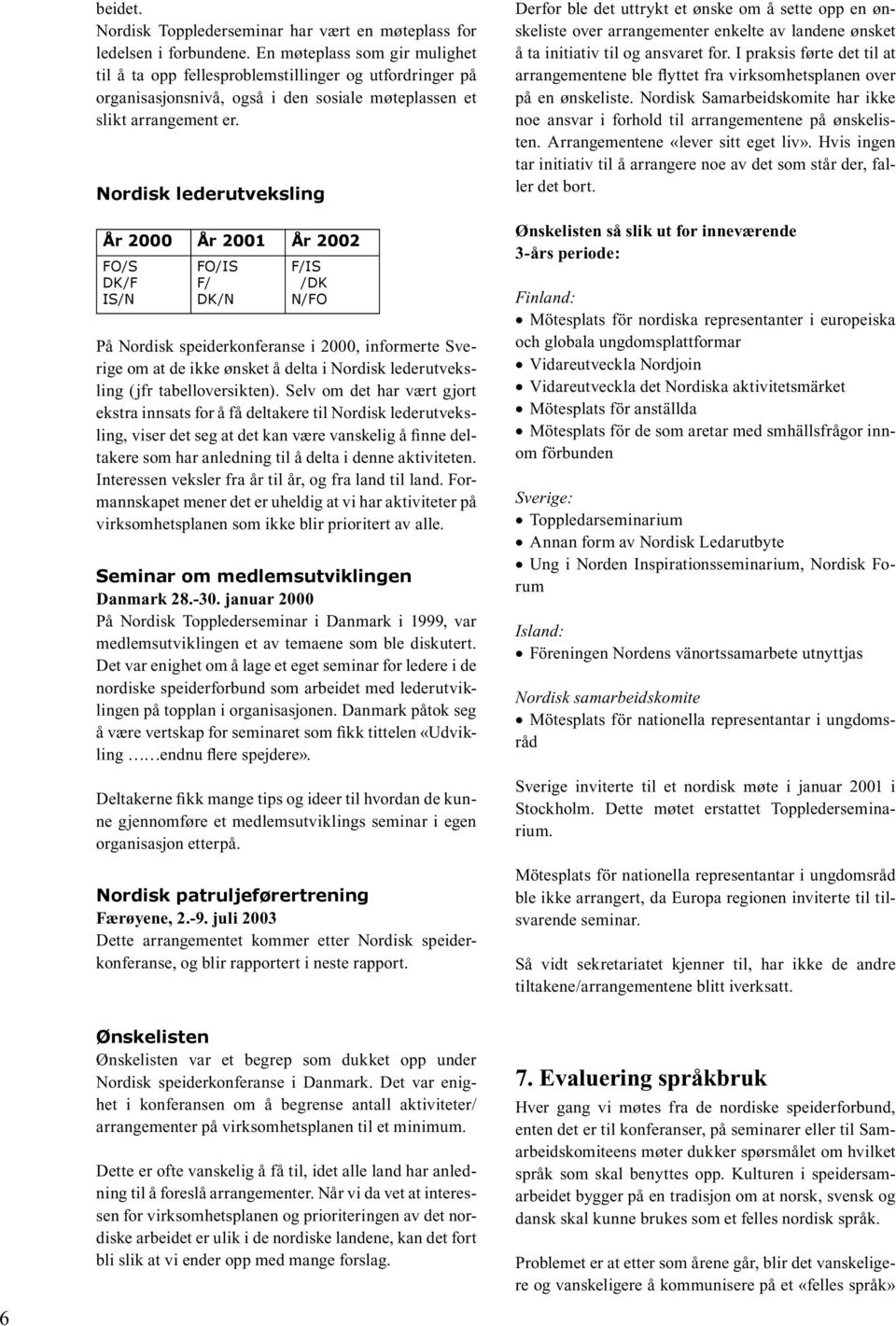 Nordisk lederutveksling År 2000 År 2001 År 2002 FO/S DK/F IS/N FO/IS F/ DK/N F/IS /DK N/FO På Nordisk speiderkonferanse i 2000, informerte Sverige om at de ikke ønsket å delta i Nordisk