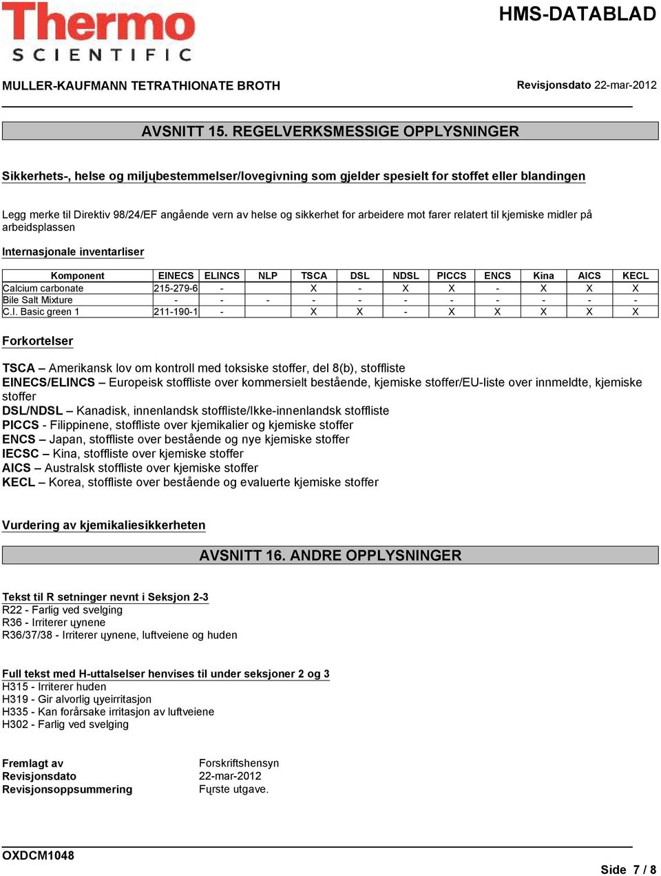 sikkerhet for arbeidere mot farer relatert til kjemiske midler på arbeidsplassen Internasjonale inventarliser Komponent EINECS ELINCS NLP TSCA DSL NDSL PICCS ENCS Kina AICS KECL Calcium carbonate