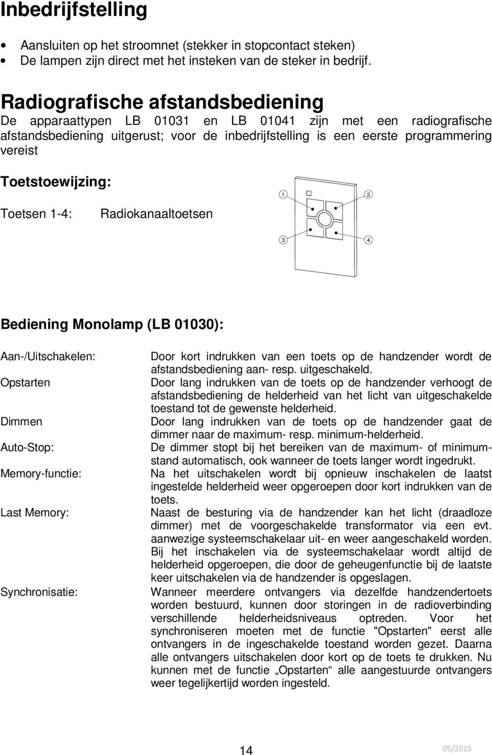 Toetstoewijzing: Toetsen 1-4: Radiokanaaltoetsen 1 2 3 4 Bediening Monolamp (LB 01030): Aan-/Uitschakelen: Opstarten Dimmen Auto-Stop: Memory-functie: Last Memory: Synchronisatie: Door kort indrukken