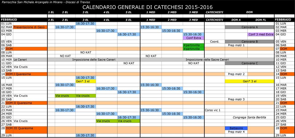 Carovana B 05 VEN 06 SAB #partinvilla Prep matr 1 06 SAB 07 DOM #partinvilla 07 DOM 08 LUN NO KAT 08 LUN 09 MAR NO KAT NO KAT 09 MAR 10 MER Le Ceneri Imposizione delle Sacre Ceneri Imposizione delle