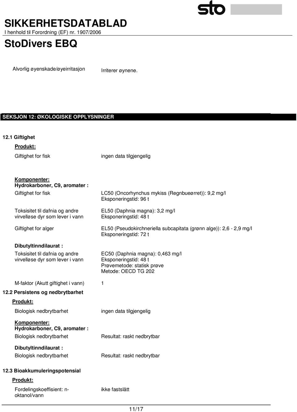 Dibutyltinndilaurat : Toksisitet til dafnia og andre virvelløse dyr som lever i vann LC50 (Oncorhynchus mykiss (Regnbueørret)): 9,2 mg/l Eksponeringstid: 96 t EL50 (Daphnia magna): 3,2 mg/l