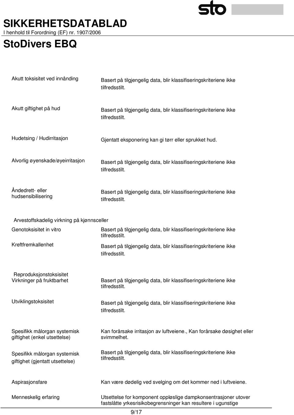 fruktbarhet Utviklingstoksisitet Spesifikk målorgan systemisk giftighet (enkel utsettelse) Spesifikk målorgan systemisk giftighet (gjentatt utsettelse) Kan forårsake irritasjon av luftveiene.