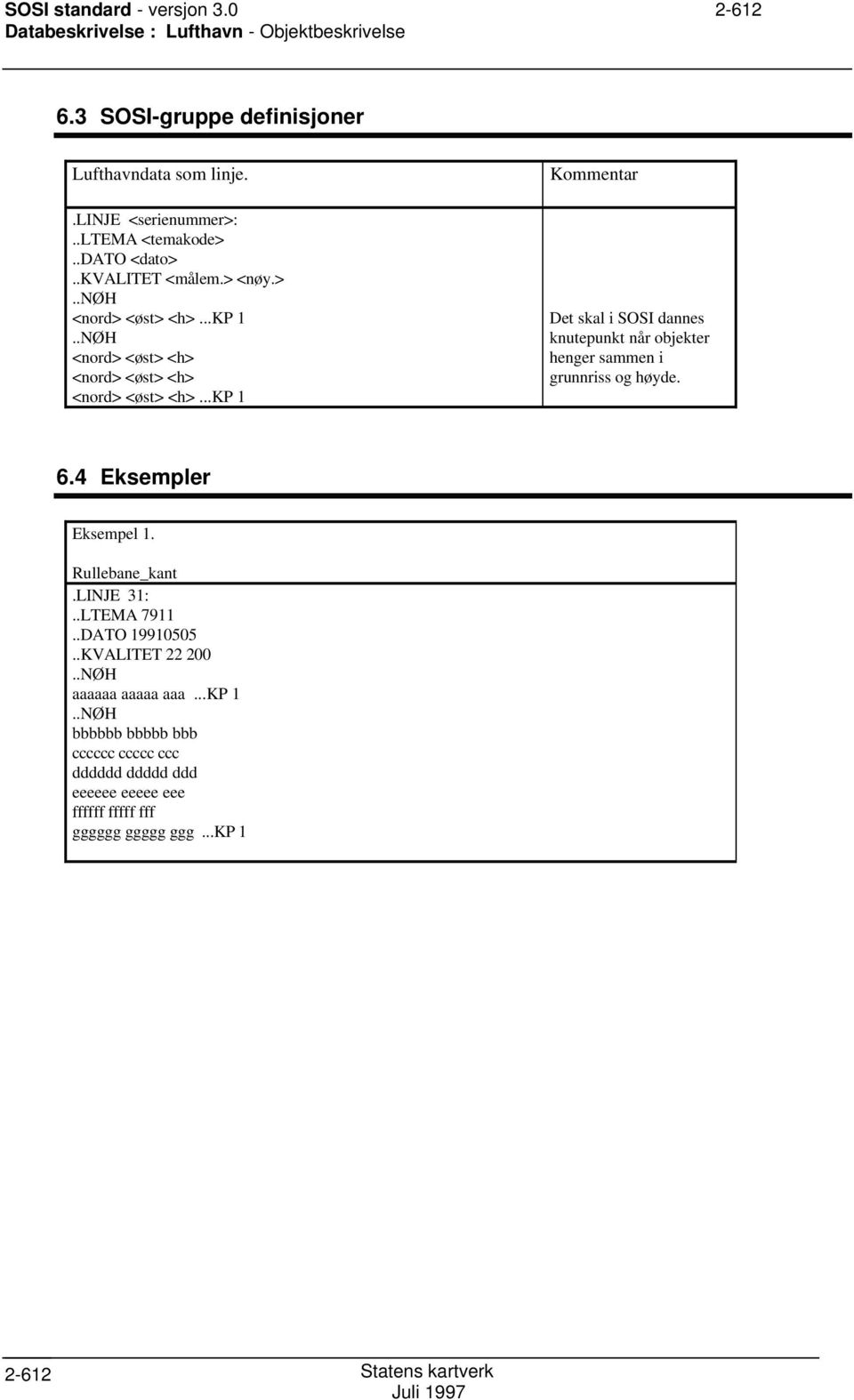 ..kp 1 Kommentar Det skal i SOSI dannes knutepunkt når objekter henger sammen i grunnriss og høyde. 6.4 Eksempler Eksempel 1. Rullebane_kant.LINJE 31:.