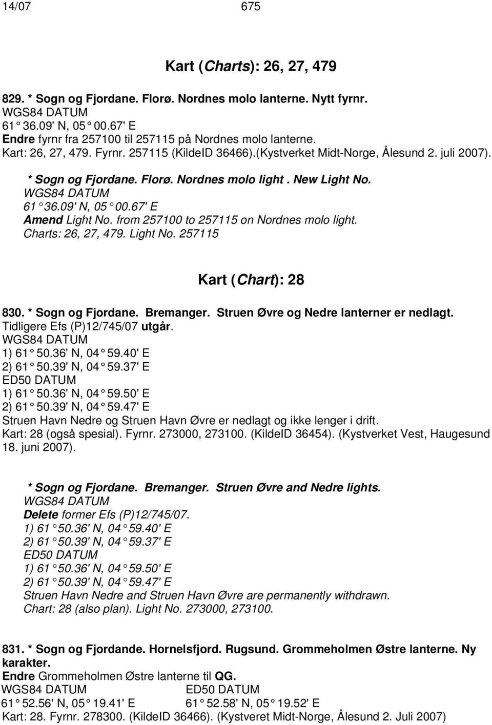 from 257100 to 257115 on Nordnes molo light. Charts: 26, 27, 479. Light No. 257115 Kart (Chart): 28 830. * Sogn og Fjordane. Bremanger. Struen Øvre og Nedre lanterner er nedlagt.