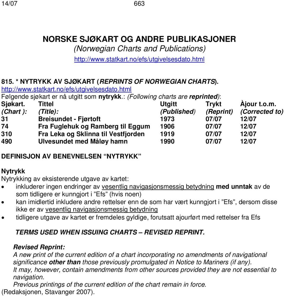 Tittel Utgitt Trykt (Chart ): (Title): (Published) (Reprint) 31 Breisundet - Fjørtoft 1973 07/07 12/07 74 Fra Fuglehuk og Ramberg til Eggum 1906 07/07 12/07 310 Fra Leka og Sklinna til Vestfjorden