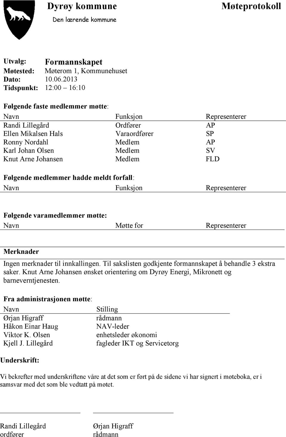 SV Knut Arne Johansen Medlem FLD Følgende medlemmer hadde meldt forfall: Navn Funksjon Representerer Følgende varamedlemmer møtte: Navn Møtte for Representerer Merknader Ingen merknader til