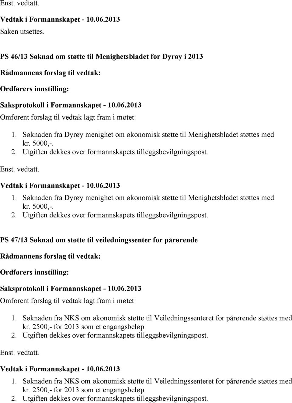 Søknaden fra Dyrøy menighet om økonomisk støtte til Menighetsbladet støttes med kr. 5000,-. 2. Utgiften dekkes over formannskapets tilleggsbevilgningspost.