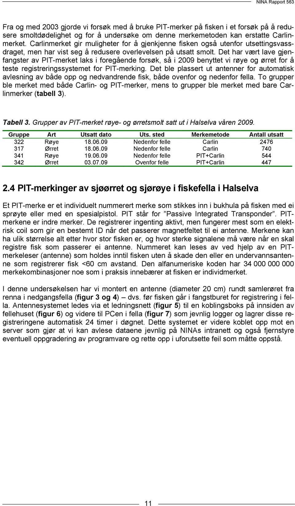 Det har vært lave gjenfangster av PIT-merket laks i foregående forsøk, så i 2009 benyttet vi røye og ørret for å teste registreringssystemet for PIT-merking.