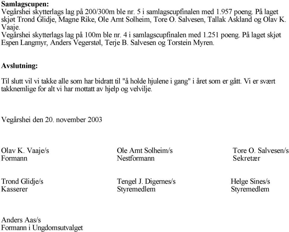 Salvesen og Torstein Myren. Avslutning: Til slutt vil vi takke alle som har bidratt til "å holde hjulene i gang" i året som er gått.