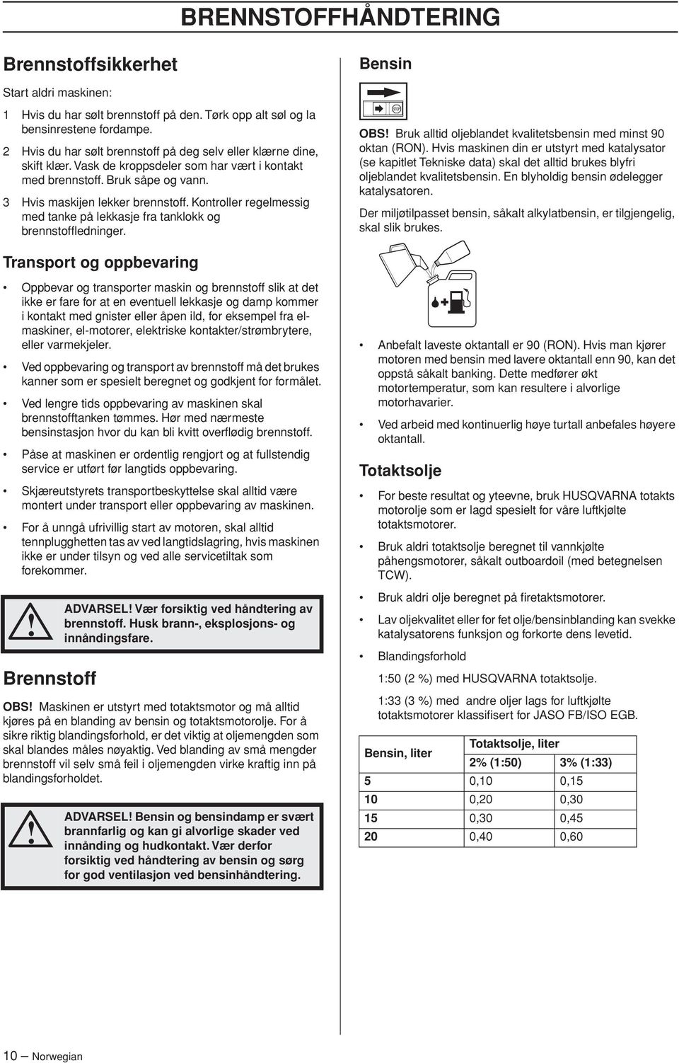 Kontroller regelmessig med tanke på lekkasje fra tanklokk og brennstoffledninger. OBS Bruk alltid oljeblandet kvalitetsbensin med minst 90 oktan (RON).