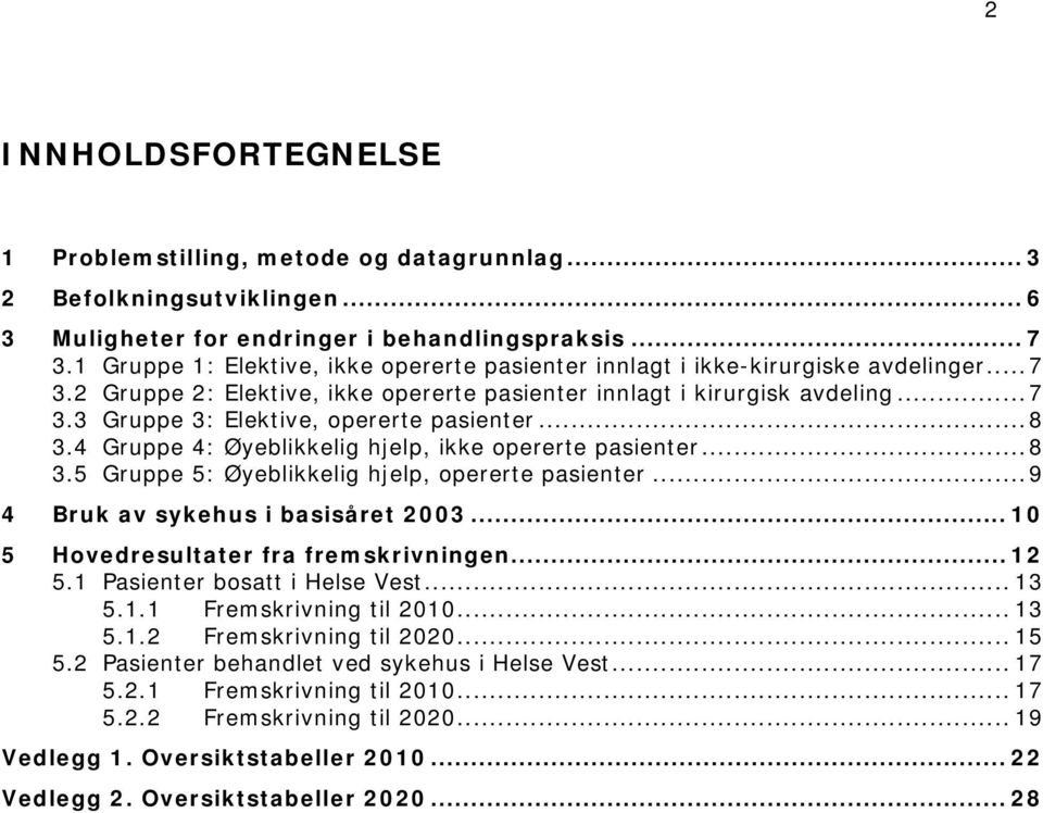 ..8 3.4 Gruppe 4: Øyeblikkelig hjelp, ikke opererte pasienter...8 3.5 Gruppe 5: Øyeblikkelig hjelp, opererte pasienter...9 4 Bruk av sykehus i basisåret 2003... 10 5 Hovedresultater fra fremskrivningen.