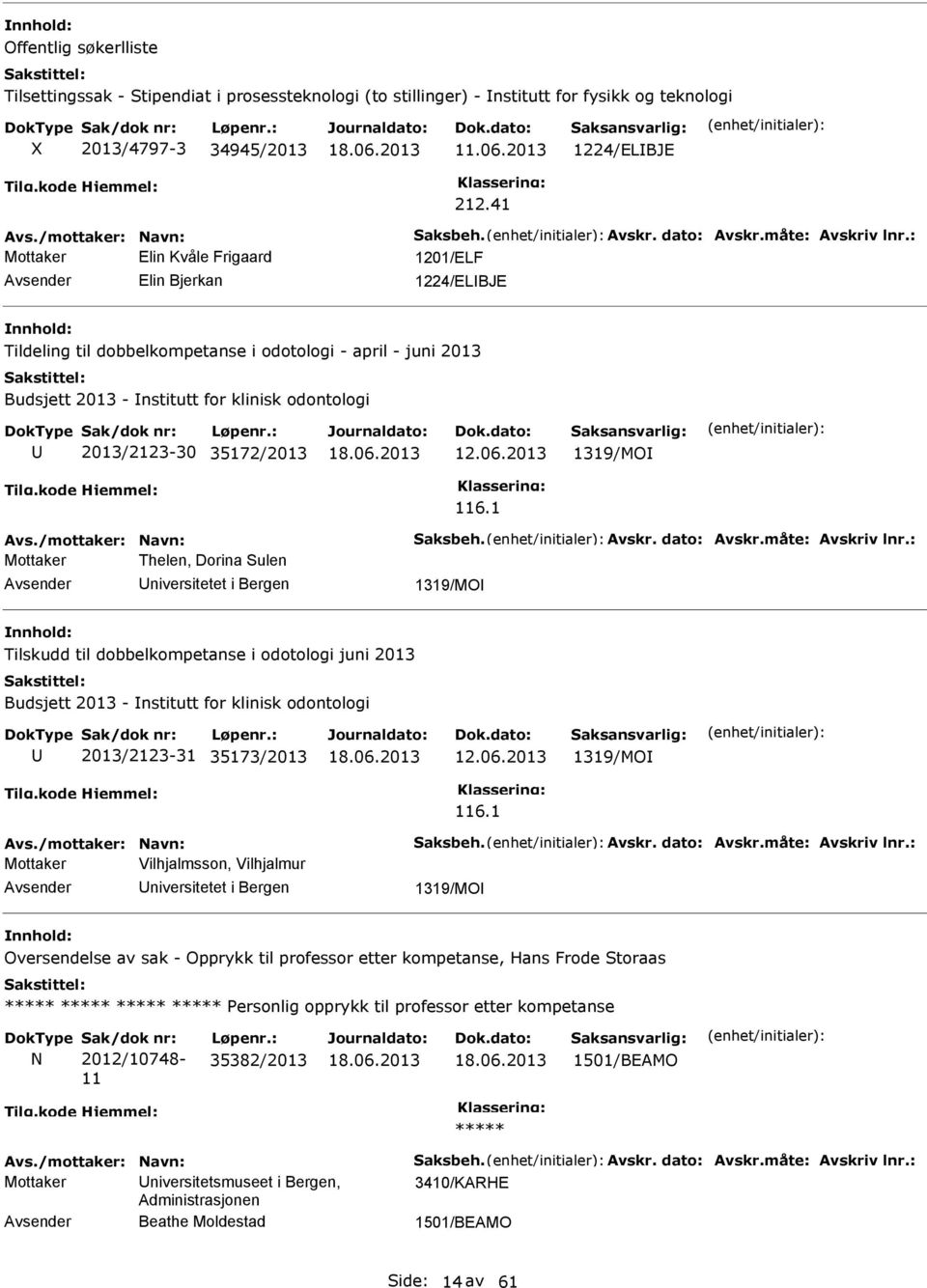 : Mottaker Elin Kvåle Frigaard 1201/ELF Elin Bjerkan 1224/ELBJE Tildeling til dobbelkompetanse i odotologi - april - juni 2013 Budsjett 2013 - nstitutt for klinisk odontologi 2013/2123-30 35172/2013