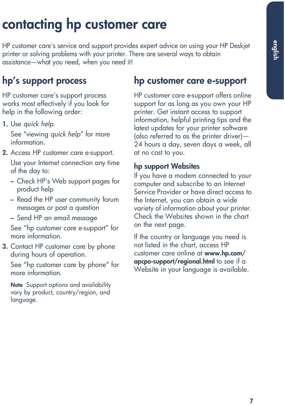 english hp s support process HP customer care's support process works most effectively if you look for help in the following order: 1. Use quick help. See viewing quick help for more information. 2.