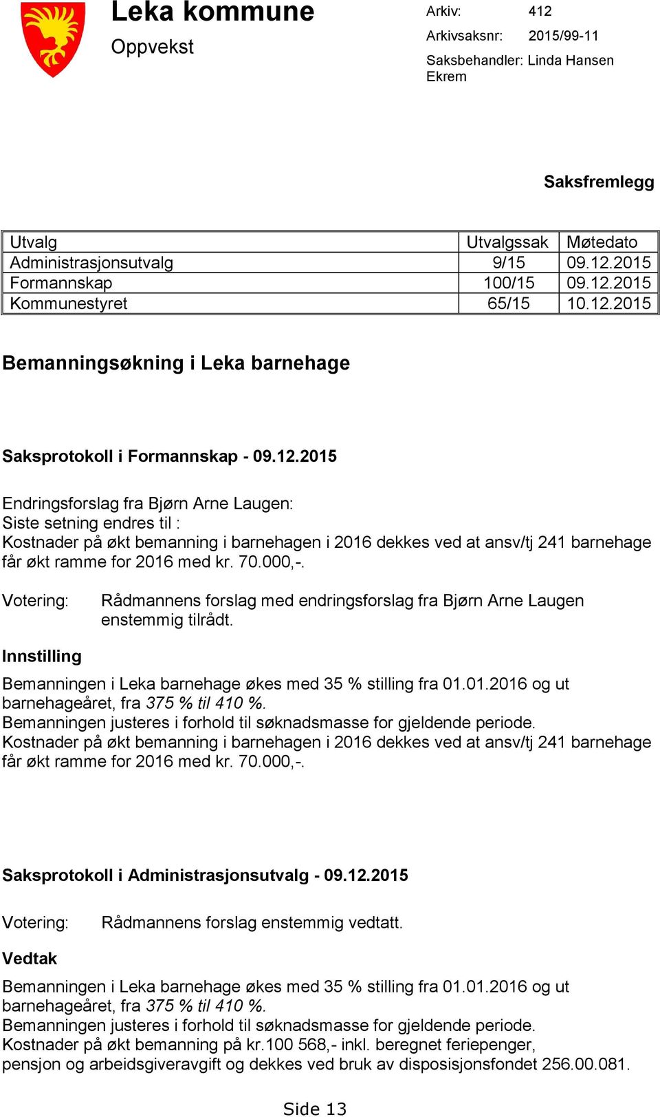 70.000,-. Votering: Rådmannens forslag med endringsforslag fra Bjørn Arne Laugen enstemmig tilrådt. Innstilling Bemanningen i Leka barnehage økes med 35 % stilling fra 01.