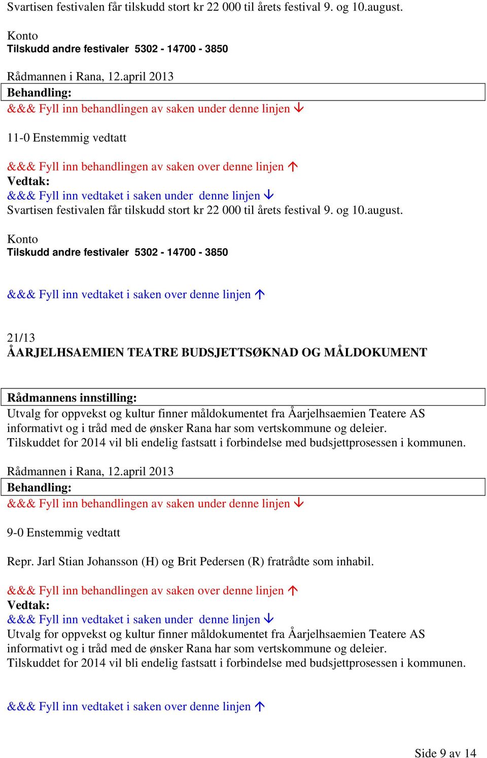 Konto Tilskudd andre festivaler 5302-14700 - 3850 21/13 ÅARJELHSAEMIEN TEATRE BUDSJETTSØKNAD OG MÅLDOKUMENT Utvalg for oppvekst og kultur finner måldokumentet fra Åarjelhsaemien Teatere AS