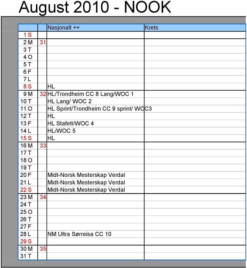 L HL/WOC 5 15 S HL 16 M 33 17 T 18 O 19 T 20 F Midt-Norsk Mesterskap Verdal 21 L Midt-Norsk Mesterskap