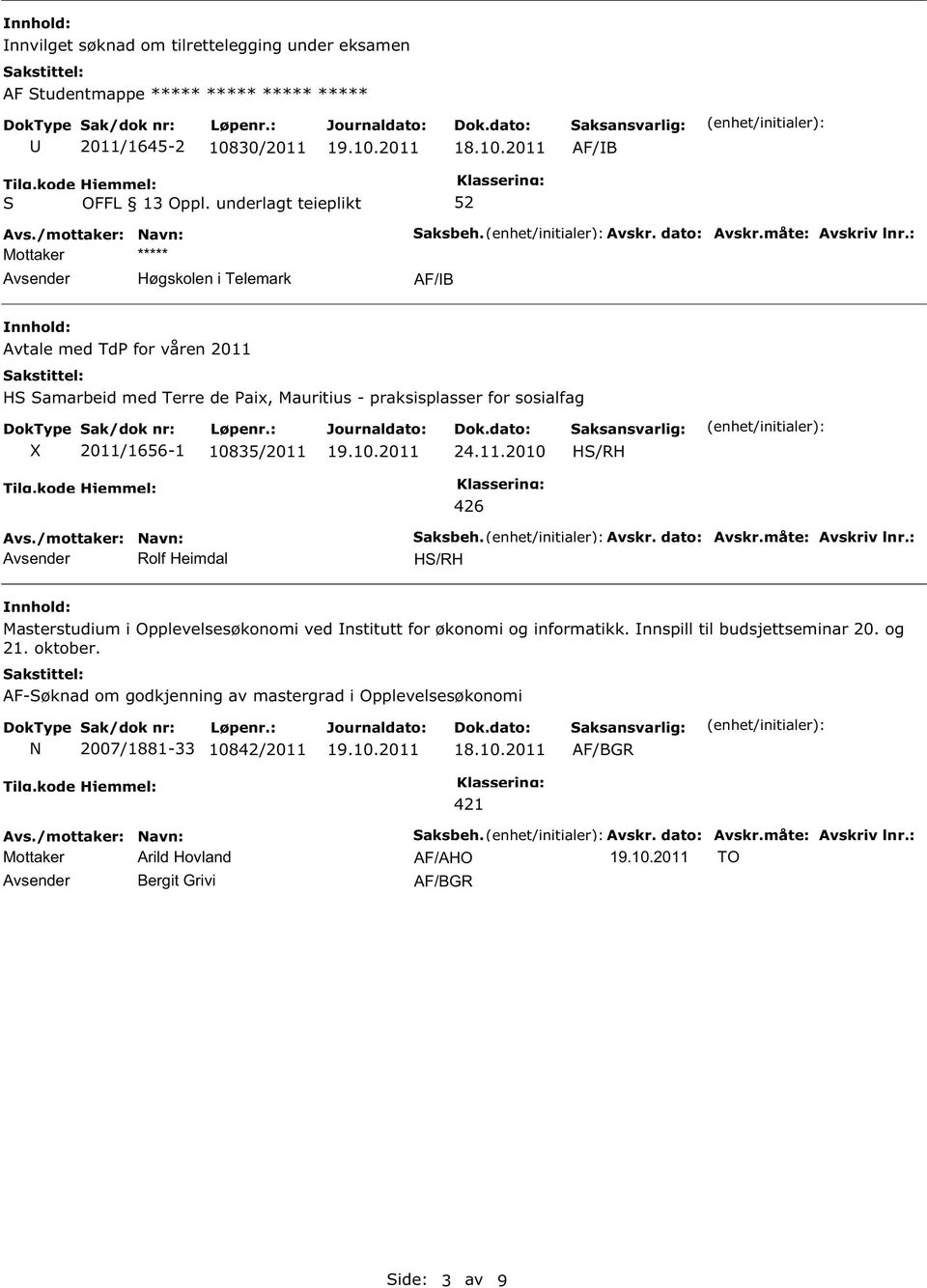 1656-1 10835/2011 24.11.2010 H/RH Avsender Rolf Heimdal 426 H/RH Masterstudium i Opplevelsesøkonomi ved nstitutt for økonomi og informatikk.