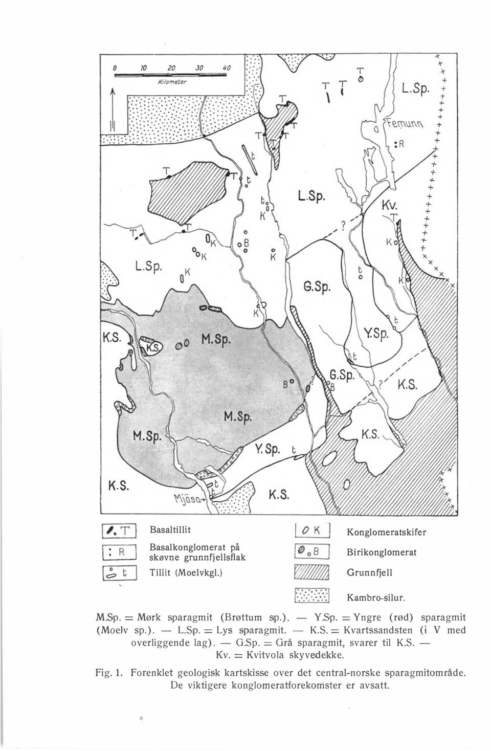 ). - L.Sp. = Lys sparagmit. - K.S.= Kvartssandsten (i V med overliggende lag). - G.Sp. = Grå sparagmit, svarer til K.S. - Kv.