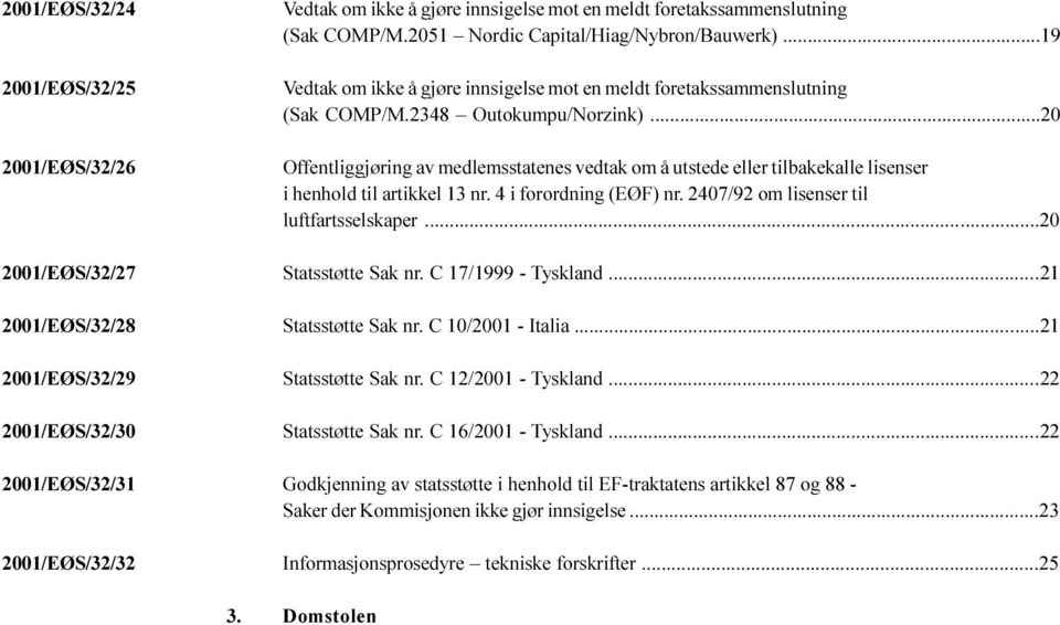 eller tilbakekalle lisenser i henhold til artikkel 13 nr 4 i forordning (EØF) nr 2407/92 om lisenser til luftfartsselskaper 20 Statsstøtte Sak nr C 17/1999 - Tyskland 21 Statsstøtte Sak nr C 10/2001