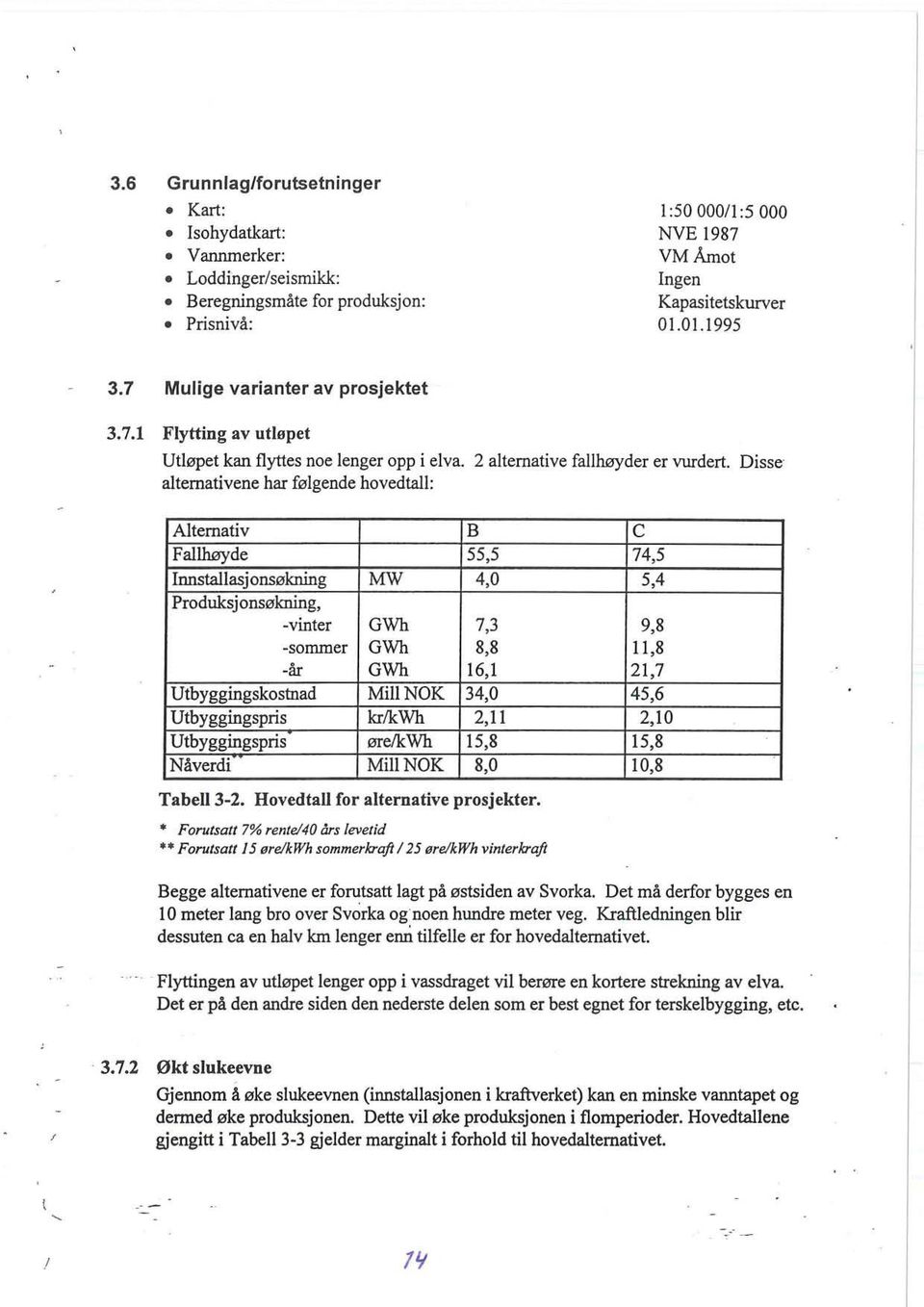 Disse' alternativene har følgende hovedtall: Alternativ B C Fallhøyde 55,5 74,5 Innstallasjonsøkning MW 4,0 5,4 Produksjonsøkning, -vinter GWh 7,3 9,8 -sommer GWh 8,8 11,8 -år GWh 16,1 21,7