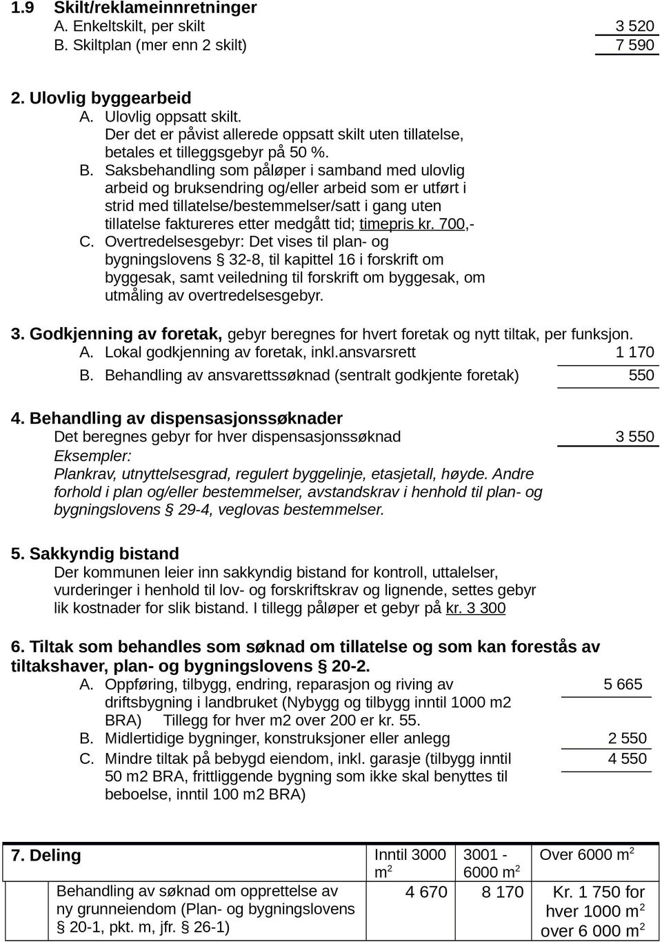 Saksbehandling som påløper i samband med ulovlig arbeid og bruksendring og/eller arbeid som er utført i strid med tillatelse/bestemmelser/satt i gang uten tillatelse faktureres etter medgått tid;