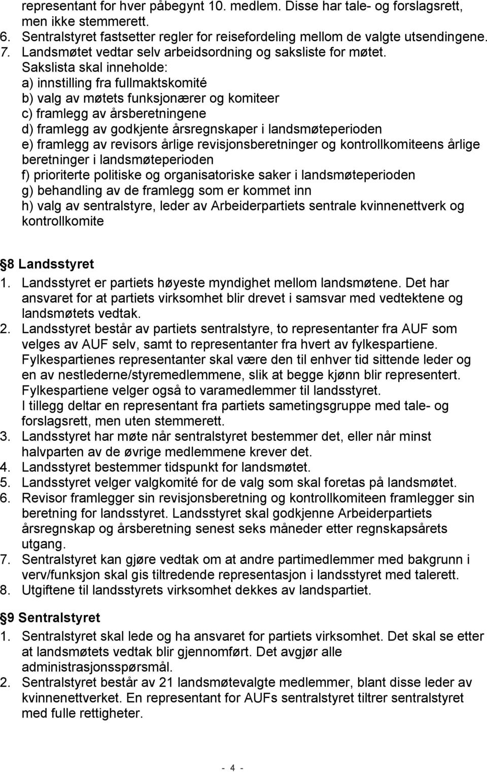 Sakslista skal inneholde: a) innstilling fra fullmaktskomité b) valg av møtets funksjonærer og komiteer c) framlegg av årsberetningene d) framlegg av godkjente årsregnskaper i landsmøteperioden e)