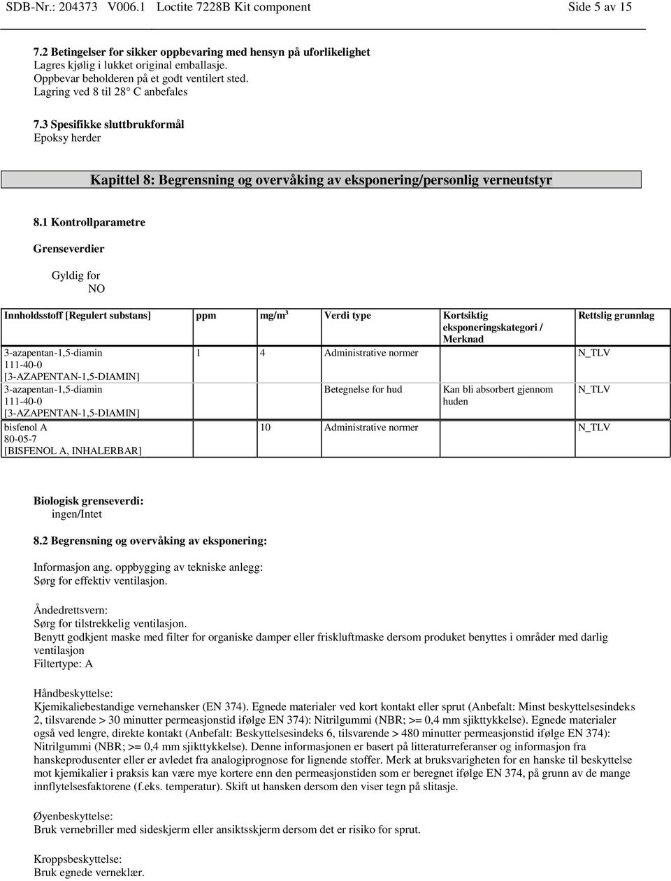 3 Spesifikke sluttbrukformål Epoksy herder Kapittel 8: Begrensning og overvåking av eksponering/personlig verneutstyr 8.