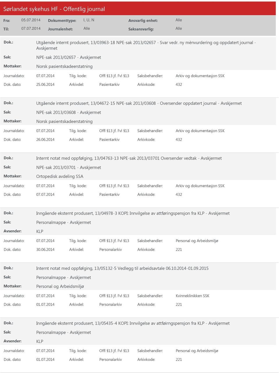 2014 Arkivdel: Pasientarkiv Arkivkode: 432 Internt notat med oppfølging, 13/04763-13 NPE-sak 2013/03701 Oversender vedtak - NPE-sak 2013/03701 - Ortopedisk avdeling SSA Dok.