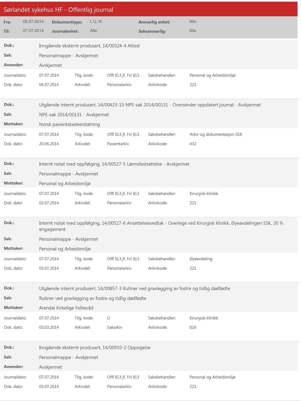 2014 Arkivdel: Personalarkiv Arkivkode: 221 Internt notat med oppfølging, 14/00527-6 Ansettelsesvedtak - Overlege ved Kirurgisk klinikk, Øyeavdelingen SSK, 20 % engasjement Øyeavdeling Dok. dato: 03.