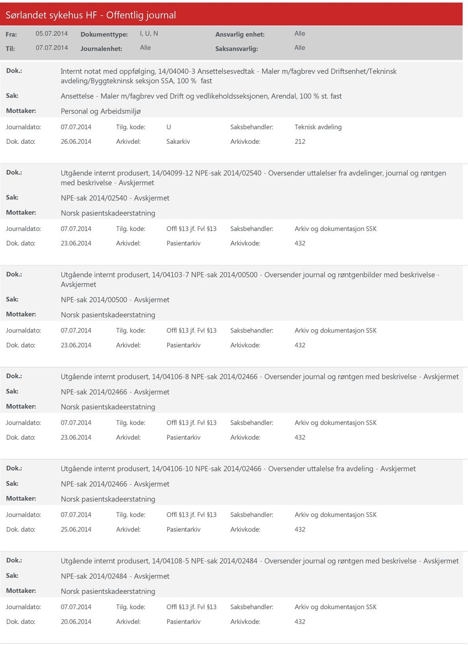 2014 Arkivdel: Sakarkiv Arkivkode: 212 Utgående internt produsert, 14/04099-12 NPE-sak 2014/02540 - Oversender uttalelser fra avdelinger, journal og røntgen med beskrivelse - NPE-sak 2014/02540 - Dok.