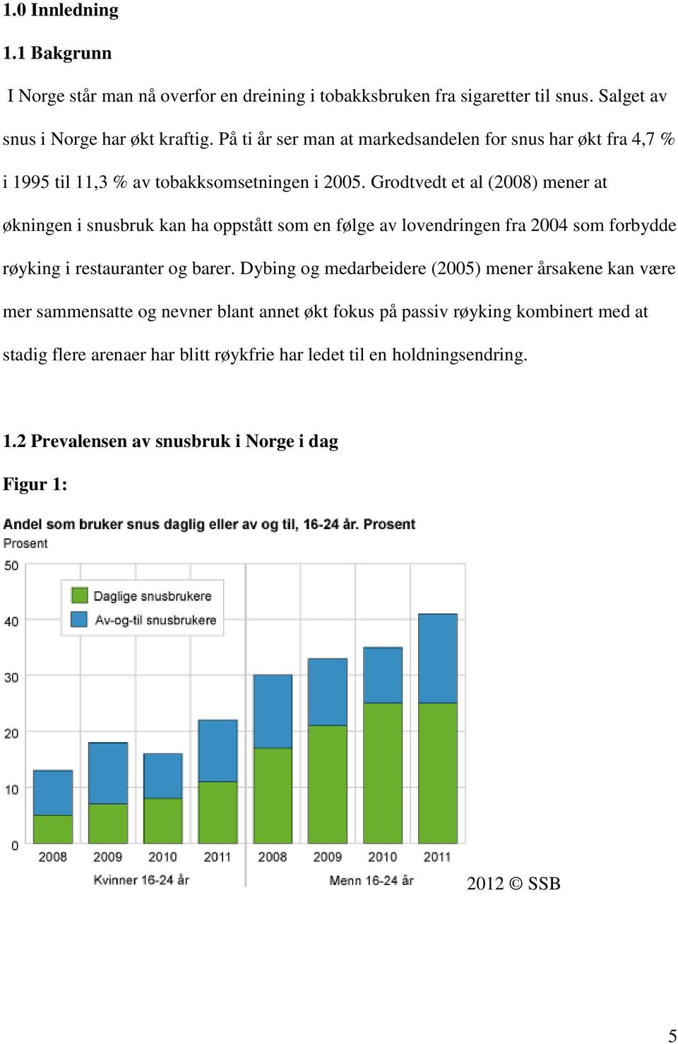 Grodtvedt et al (2008) mener at økningen i snusbruk kan ha oppstått som en følge av lovendringen fra 2004 som forbydde røyking i restauranter og barer.