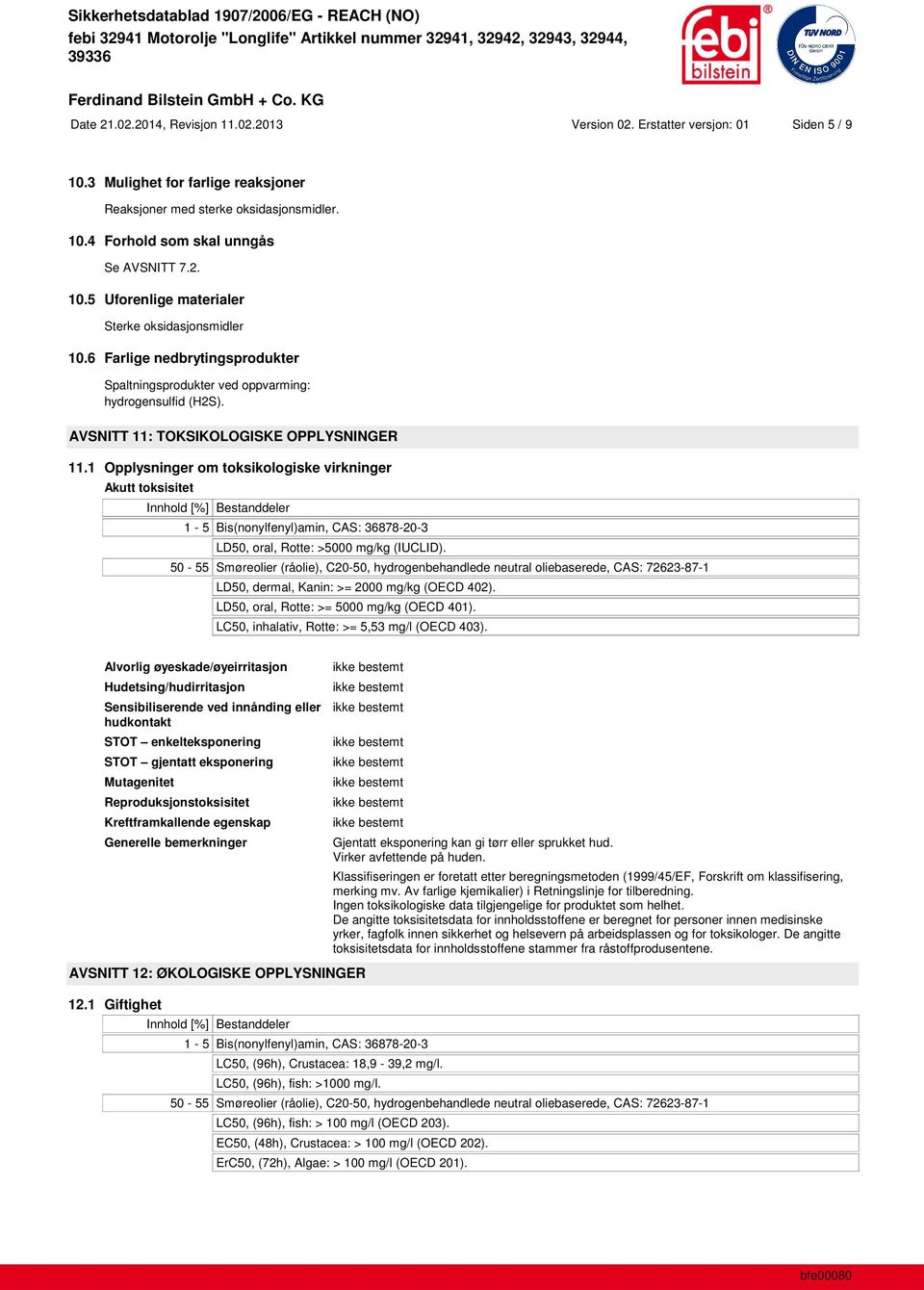 1 Opplysninger om toksikologiske virkninger Akutt toksisitet Innhold [%] Bestanddeler 1-5 Bis(nonylfenyl)amin, CAS: 36878-20-3 LD50, oral, Rotte: >5000 mg/kg (IUCLID).