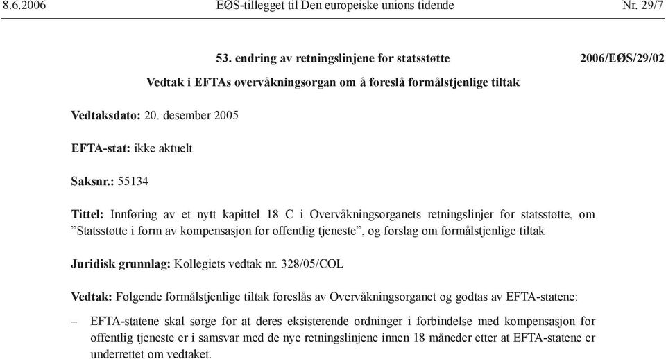 : 55134 Tittel: Innføring av et nytt kapittel 18 C i Overvåkningsorganets retningslinjer for statsstøtte, om Statsstøtte i form av kompensasjon for offentlig tjeneste, og forslag om formålstjenlige