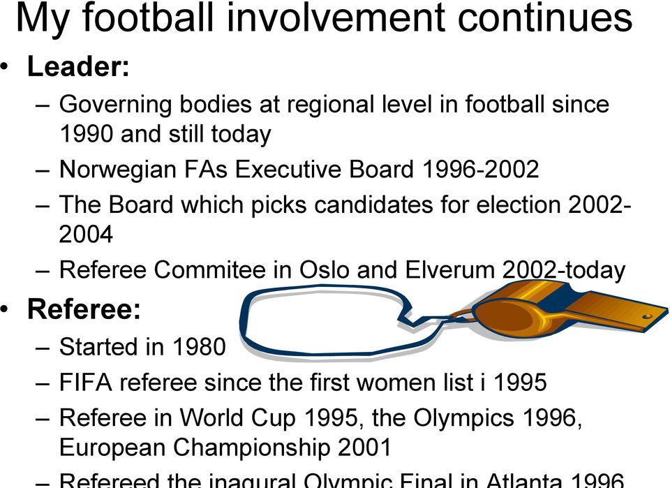 election 2002-2004 Referee Commitee in Oslo and Elverum 2002-today Referee: Started in 1980 FIFA