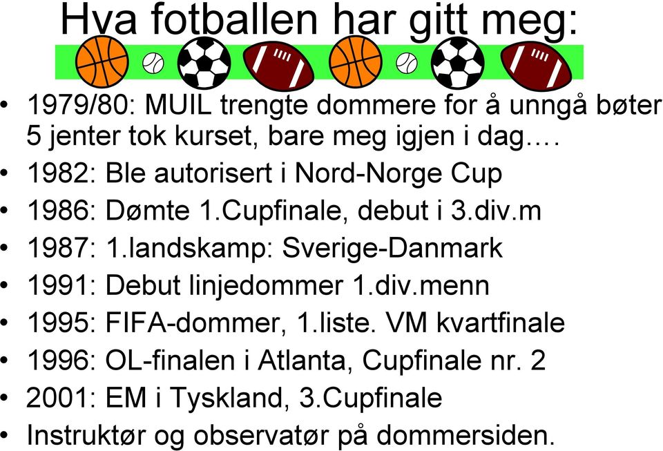landskamp: Sverige-Danmark 1991: Debut linjedommer 1.div.menn 1995: FIFA-dommer, 1.liste.