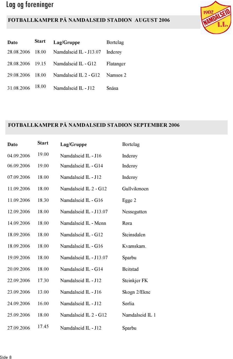 09.2006 18.00 Namdalseid IL - J12 Inderøy 11.09.2006 18.00 Namdalseid IL 2 - G12 Gullvikmoen 11.09.2006 18.30 Namdalseid IL - G16 Egge 2 12.09.2006 18.00 Namdalseid IL - J13.07 Nessegutten 14.09.2006 18.00 Namdalseid IL - Menn Røra 18.