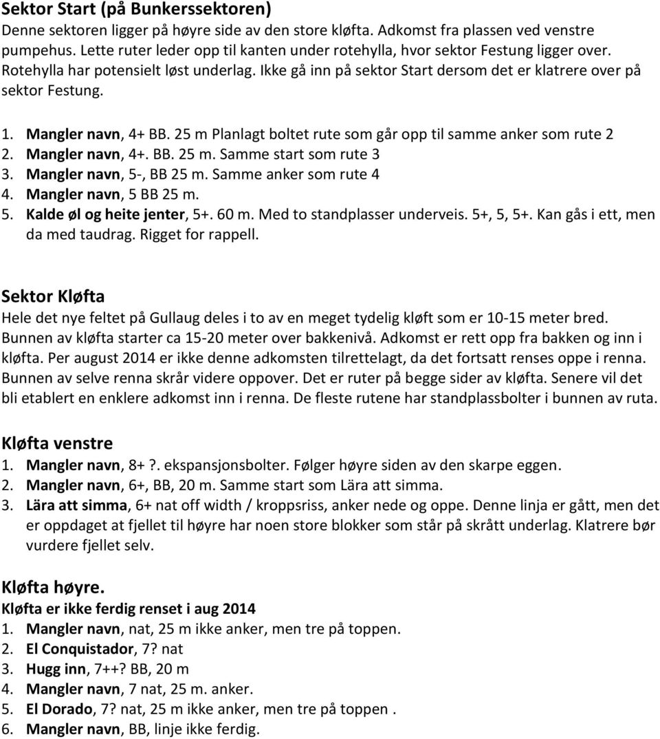 Mangler navn, 4+ BB. 25 m Planlagt boltet rute som går opp til samme anker som rute 2 2. Mangler navn, 4+. BB. 25 m. Samme start som rute 3 3. Mangler navn, 5-, BB 25 m. Samme anker som rute 4 4.