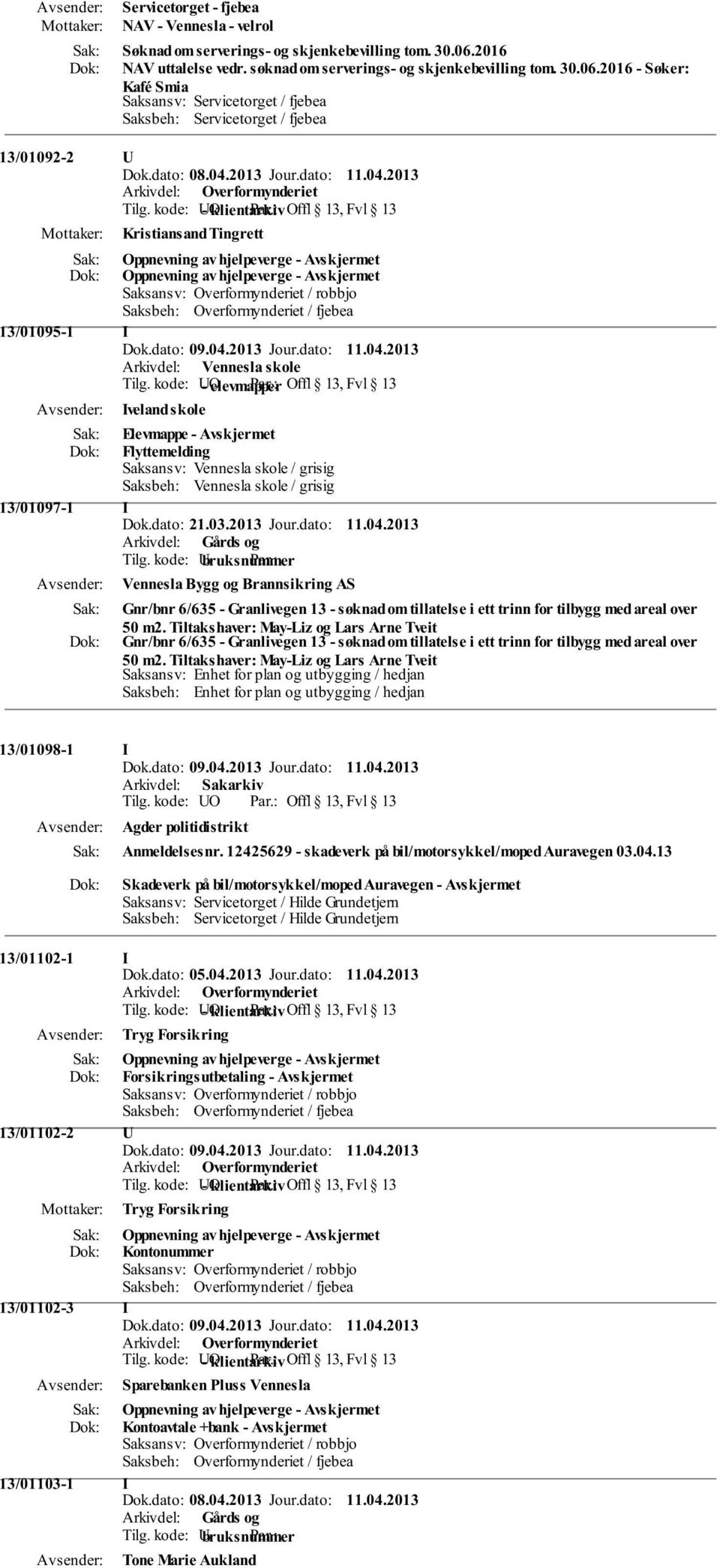 2013 Jour.dato: 11.04.2013 Kristiansand Tingrett Oppnevning av hjelpeverge - Oppnevning av hjelpeverge - 13/01095-1 I Arkivdel: Vennesla skole Tilg. kode: UO - elevmapper Par.