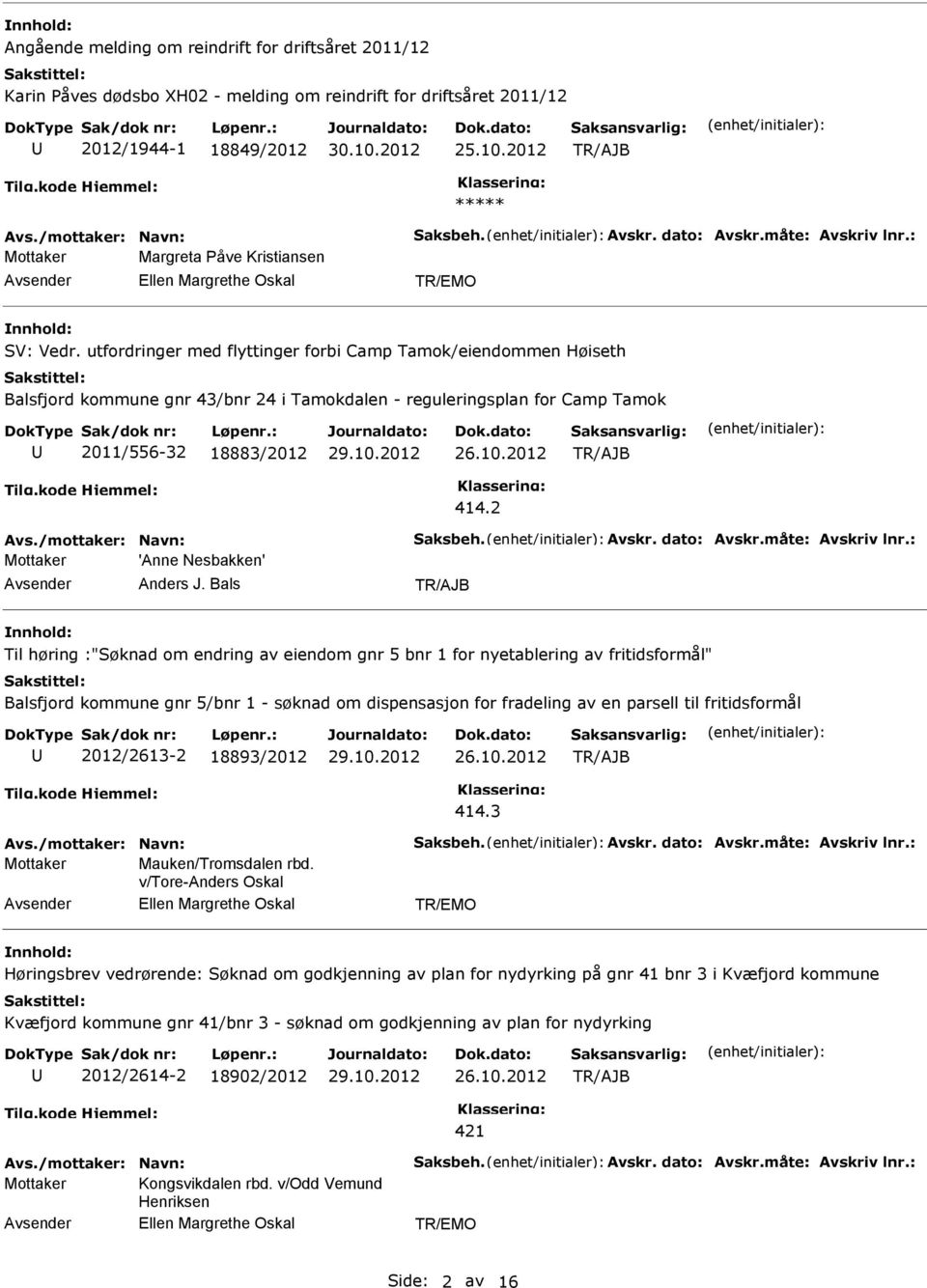 utfordringer med flyttinger forbi Camp Tamok/eiendommen Høiseth Balsfjord kommune gnr 43/bnr 24 i Tamokdalen - reguleringsplan for Camp Tamok 2011/556-32 18883/2012 26.10.2012 414.2 Avs.