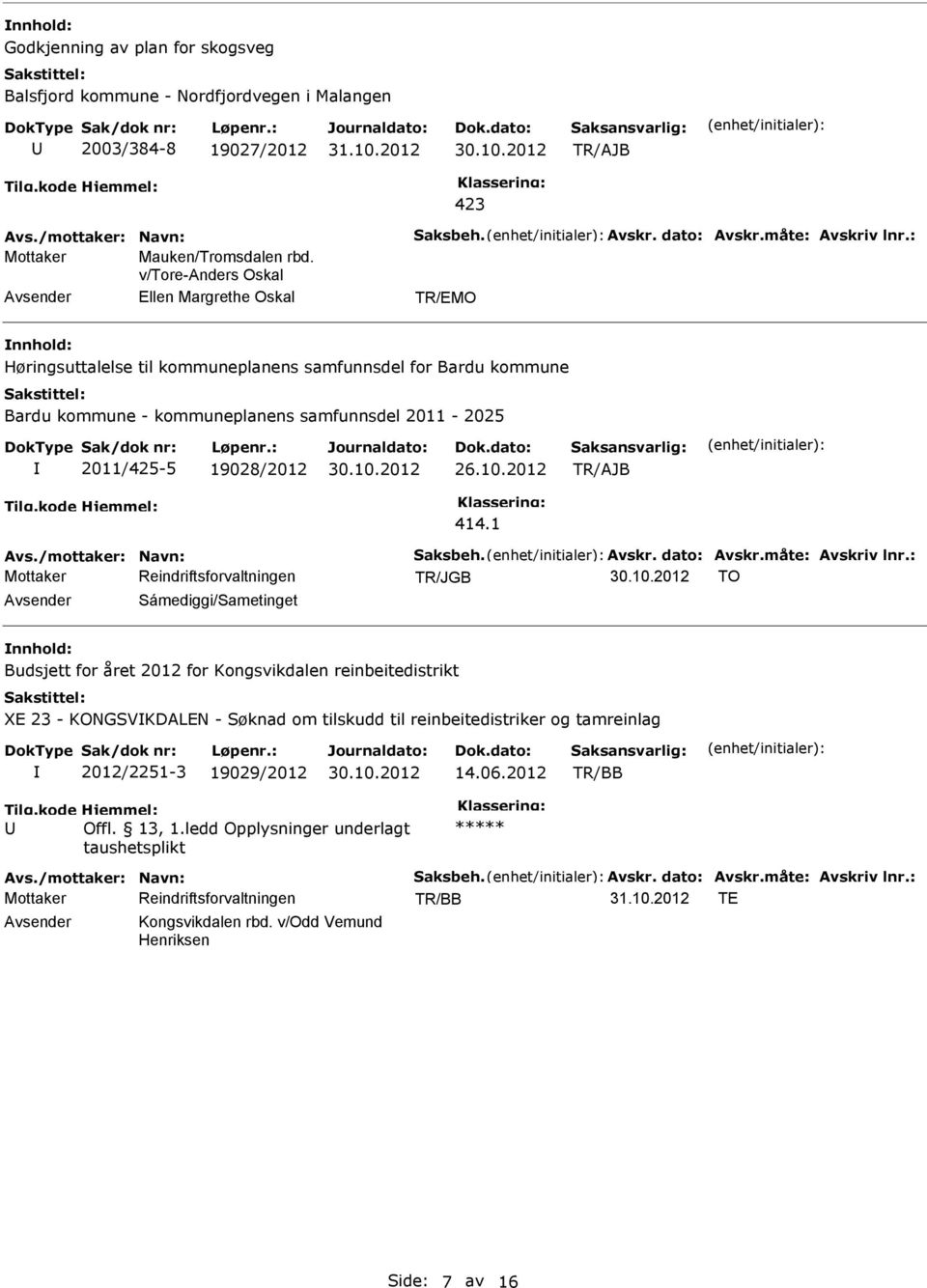 10.2012 414.1 Avs./mottaker: Navn: Saksbeh. Avskr. dato: Avskr.måte: Avskriv lnr.