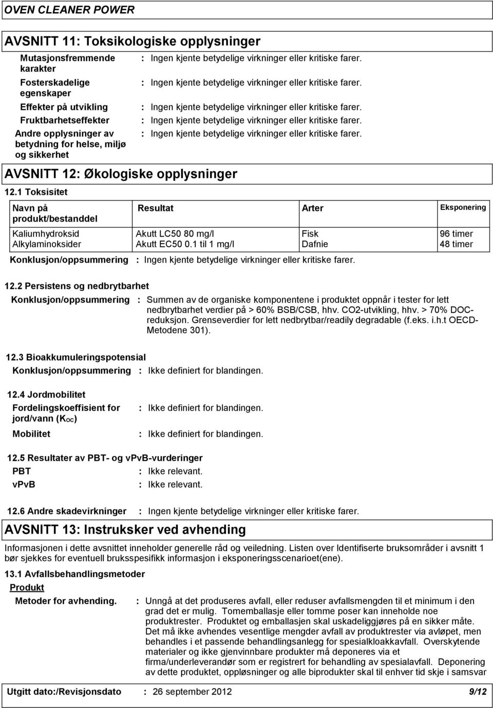 1 til 1 mg/l Dafnie 48 timer Konklusjon/oppsummering 12.